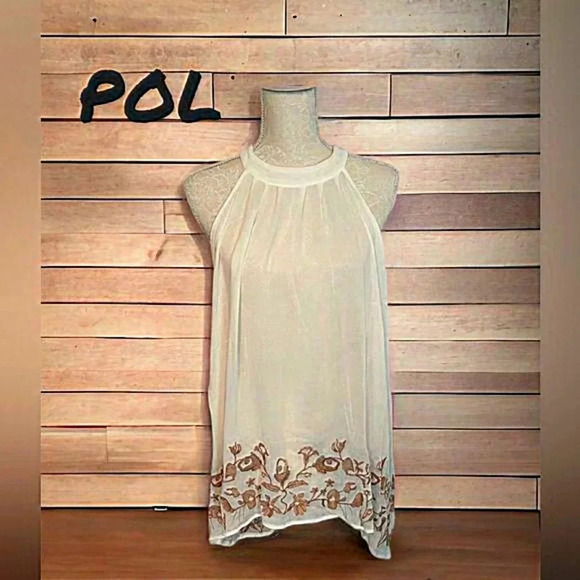 Pol Womens Blouse White Sleeveless With bottom Embroidered Boho halter neck line - Picture 2 of 14